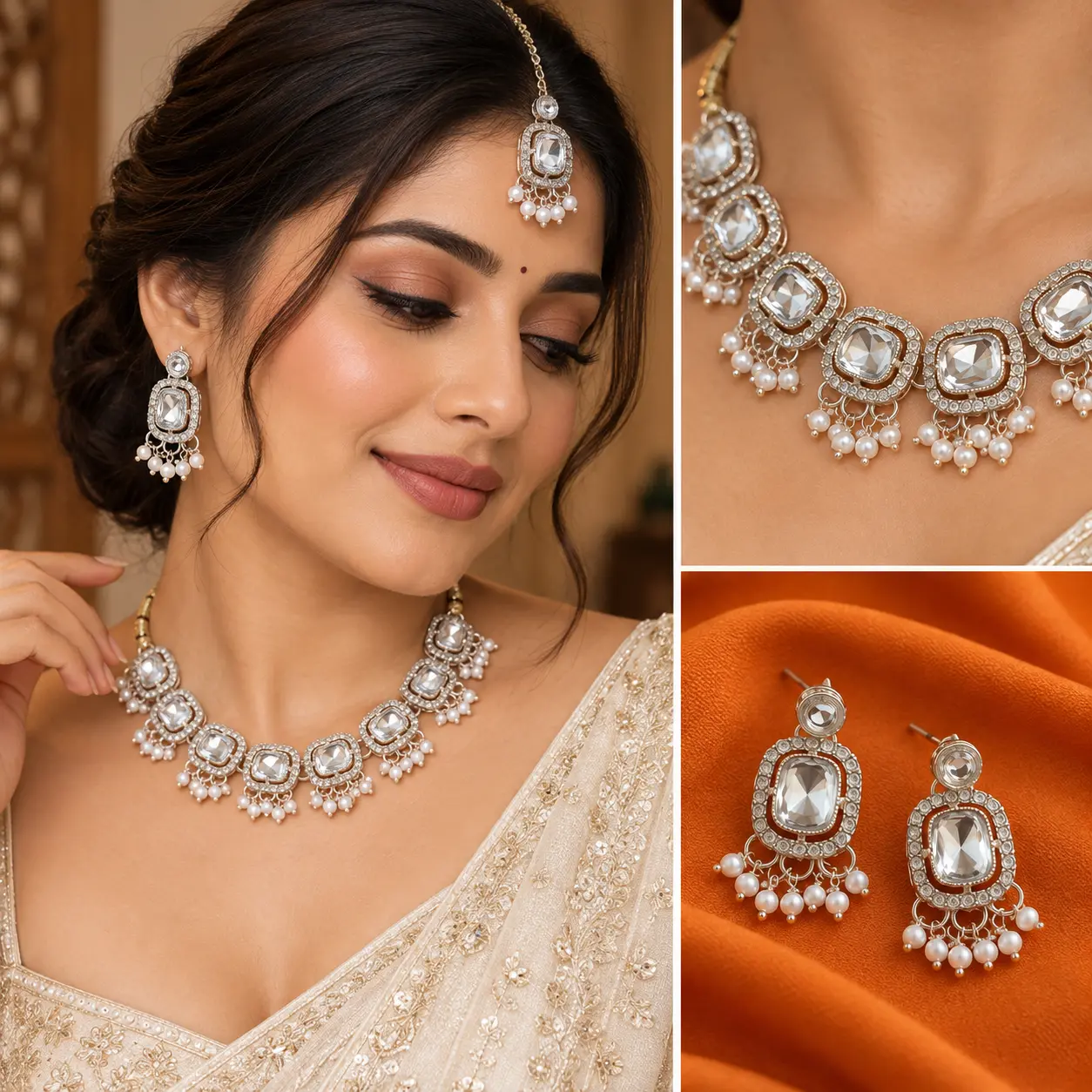 a_clean_studio_styled_collage_portrait_layout_of.png Silver-Tone Mirror Stone Necklace Set with Earrings & Maang Tikka – image 2