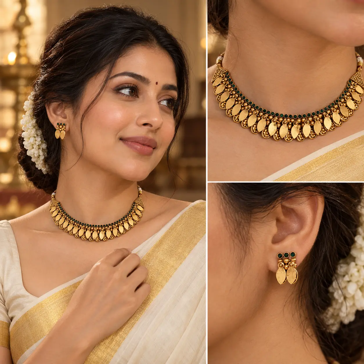 traditional_gold_jewelry_portrait_collage.png Trending Elakkathali Antique Gold-Tone Green Necklace Set – image 2