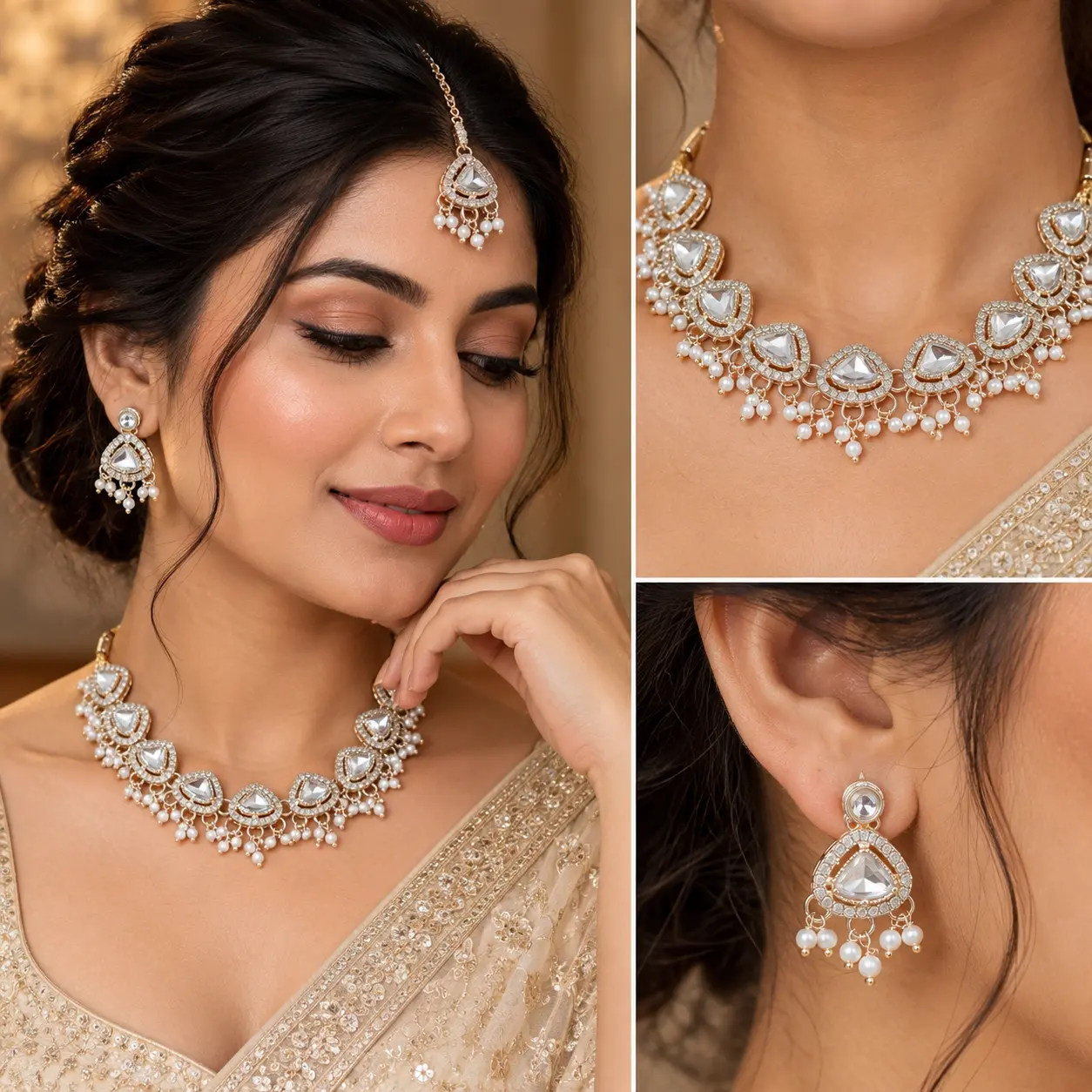 a_polished_high_end_fashion_jewelry_photoshoot_co.png Clear Stone Pearl Drop Necklace Set with Earrings & Tikka – image 2
