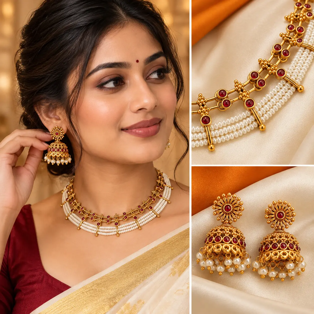 White Bead & Red Stone Gold-Tone Jhumka Necklace Set – image 2