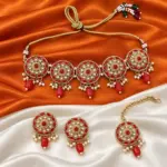 The Rajwada Red Floral Medallion Choker Set with Maang Tikka