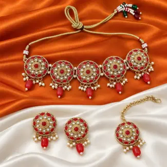 The Rajwada Red Floral Medallion Choker Set with Maang Tikka