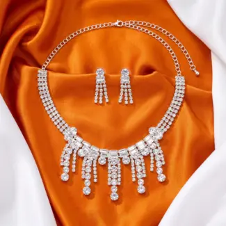 Silver-Toned Tassel Statement Necklace with Matching Drop Earrings