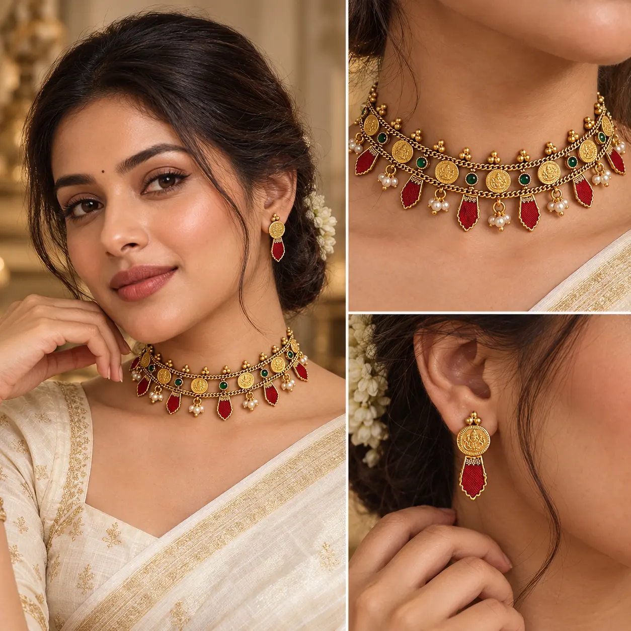 heritage_gold_choker_jewellery_editorial.png Antique Gold Tone Coin Necklace Set with Red Drop Accents – image 2