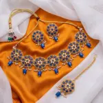 Royal Blue Gold colour Circular Choker Set with Stud Earrings & Maang Tikka