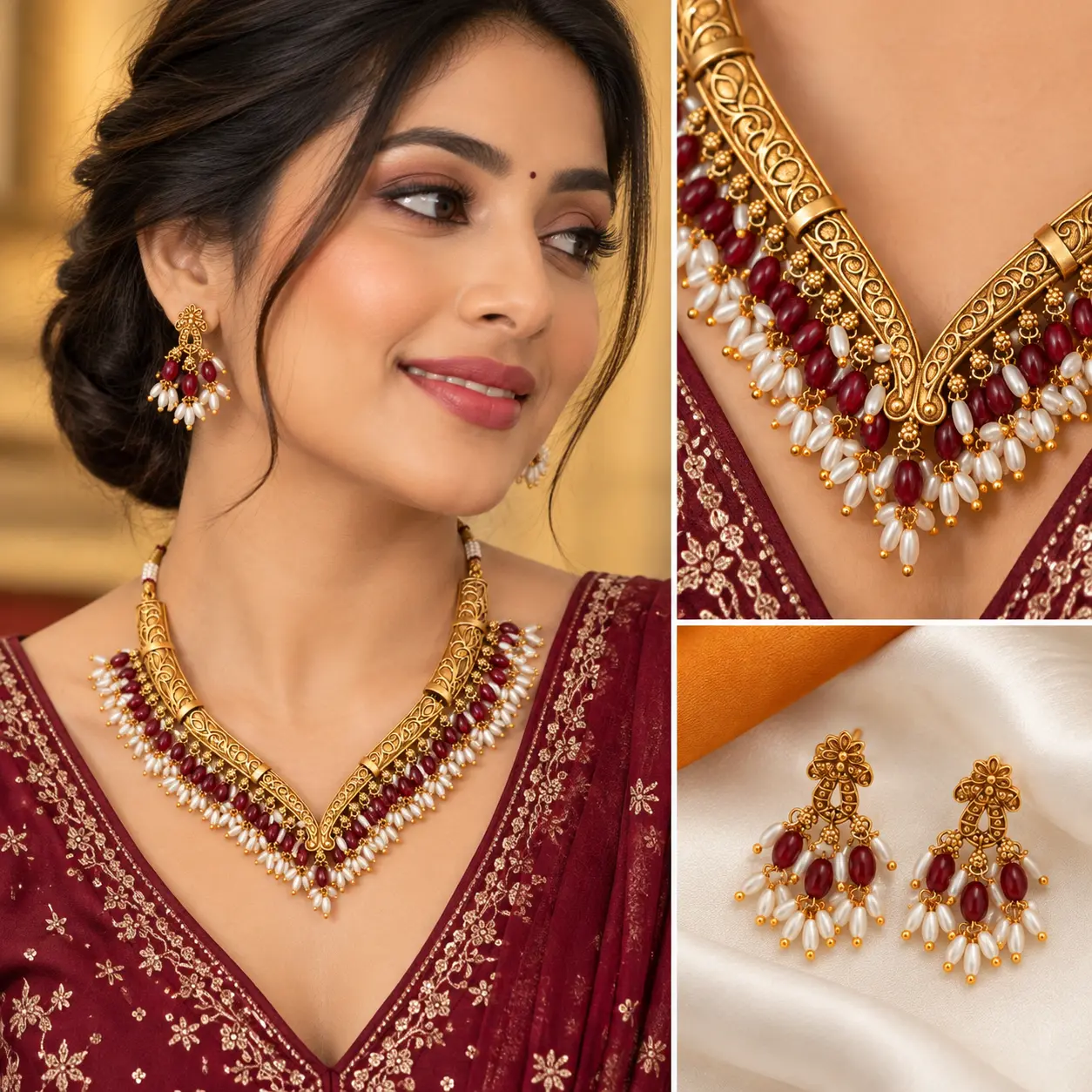 a_polished_studio_lit_high_end_jewelry_product_p.png V-Shaped Maroon Rice Bead Necklace & Earring Set – image 2