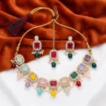 Multicolor Kundan Necklace with Drop Earrings and Maang Tikka