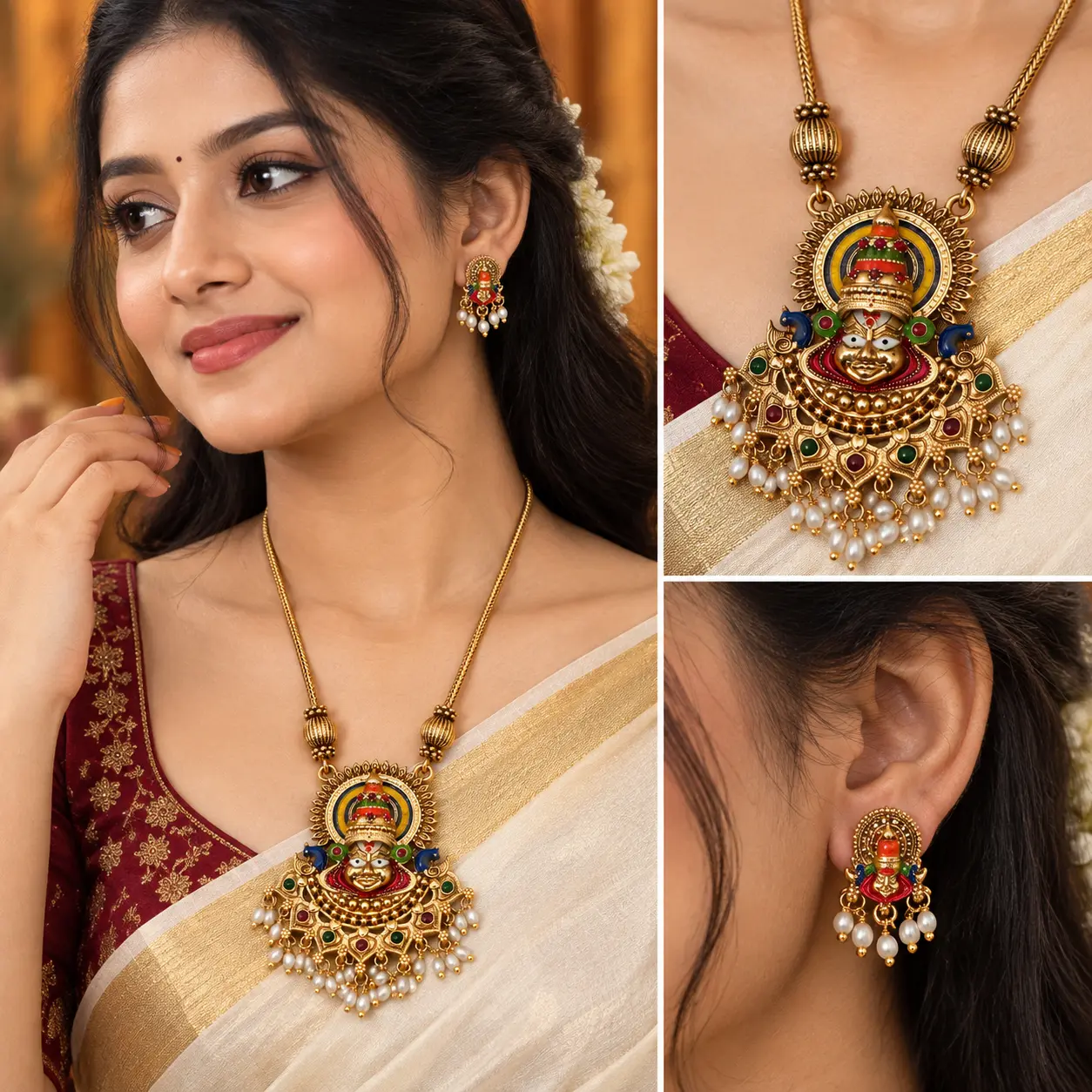 Kathakali Dance Inspired Antique Gold Long Necklace Set – image 2
