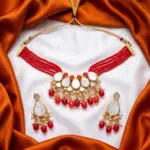 Red Multi-Layer Beaded Choker Necklace Set with White Polki Kundan Pendant
