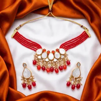 Red Multi-Layer Beaded Choker Necklace Set with White Polki Kundan Pendant