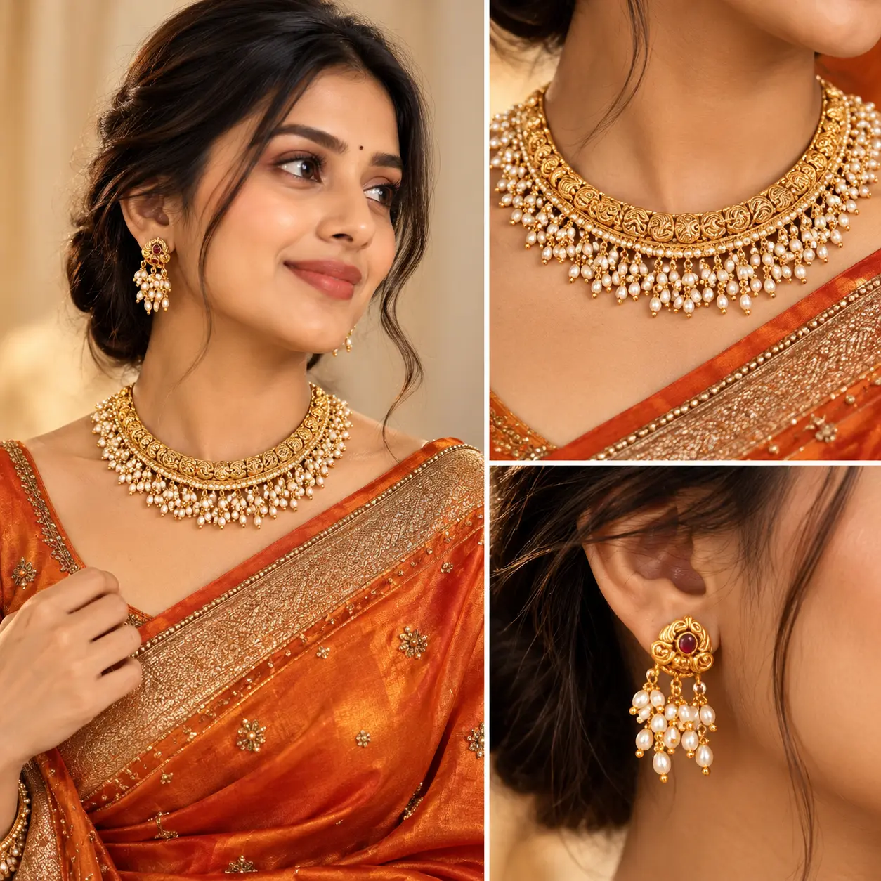a_polished_collage_style_fashion_jewelry_photoshoo.png Premium Antique Gold Peacock Choker Set with White Beads – image 2