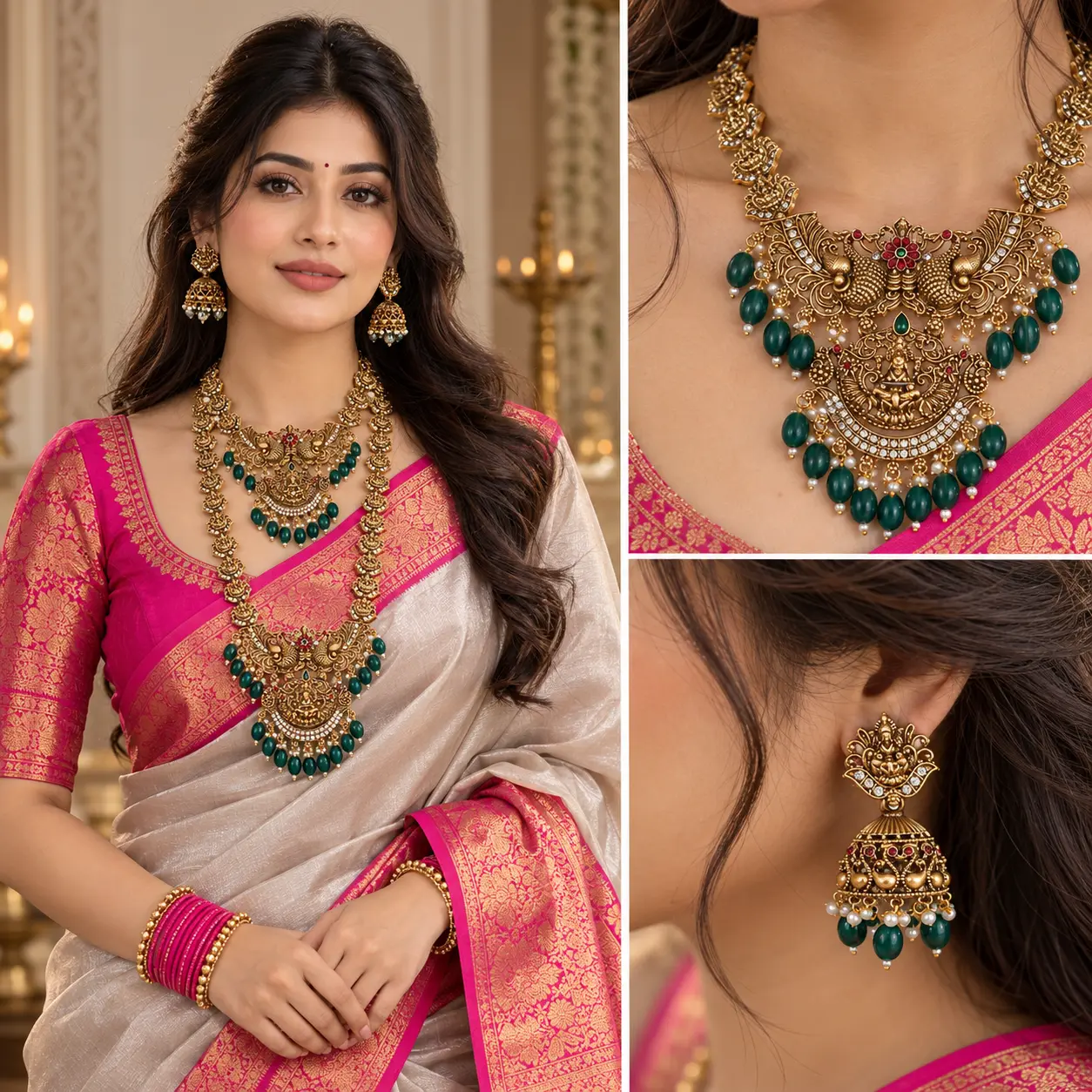 Premium Matte Temple Short Necklace, Haram & Jhumka Set – image 2