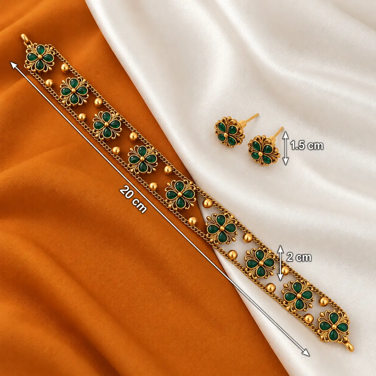 a_clean_product_photography_scene_with_measurement.png Antique Gold Tone Green Floral Choker Necklace Set – image 3