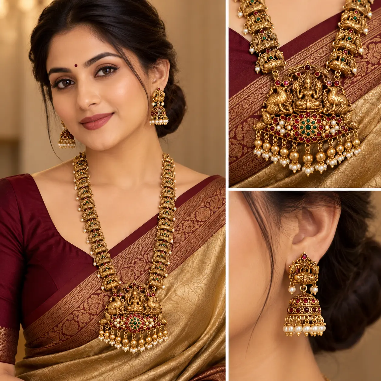 Antique Gold Tone Kemp Stone Temple Haram Necklace Set – image 2
