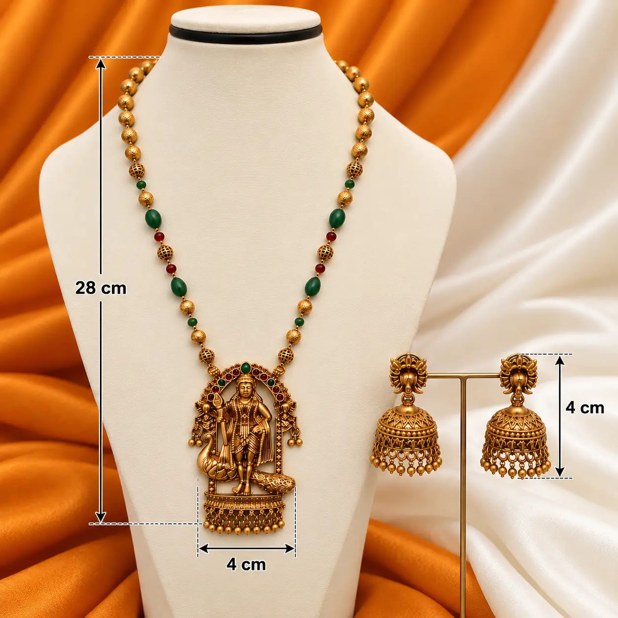 a_clean_product_photography_commercial_image_on_si.png Antique Gold Temple Pendant Long Necklace & Jhumka Set – image 3