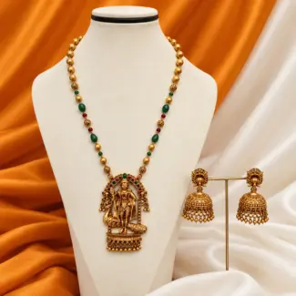 Antique Gold Temple Pendant Long Necklace & Jhumka Set