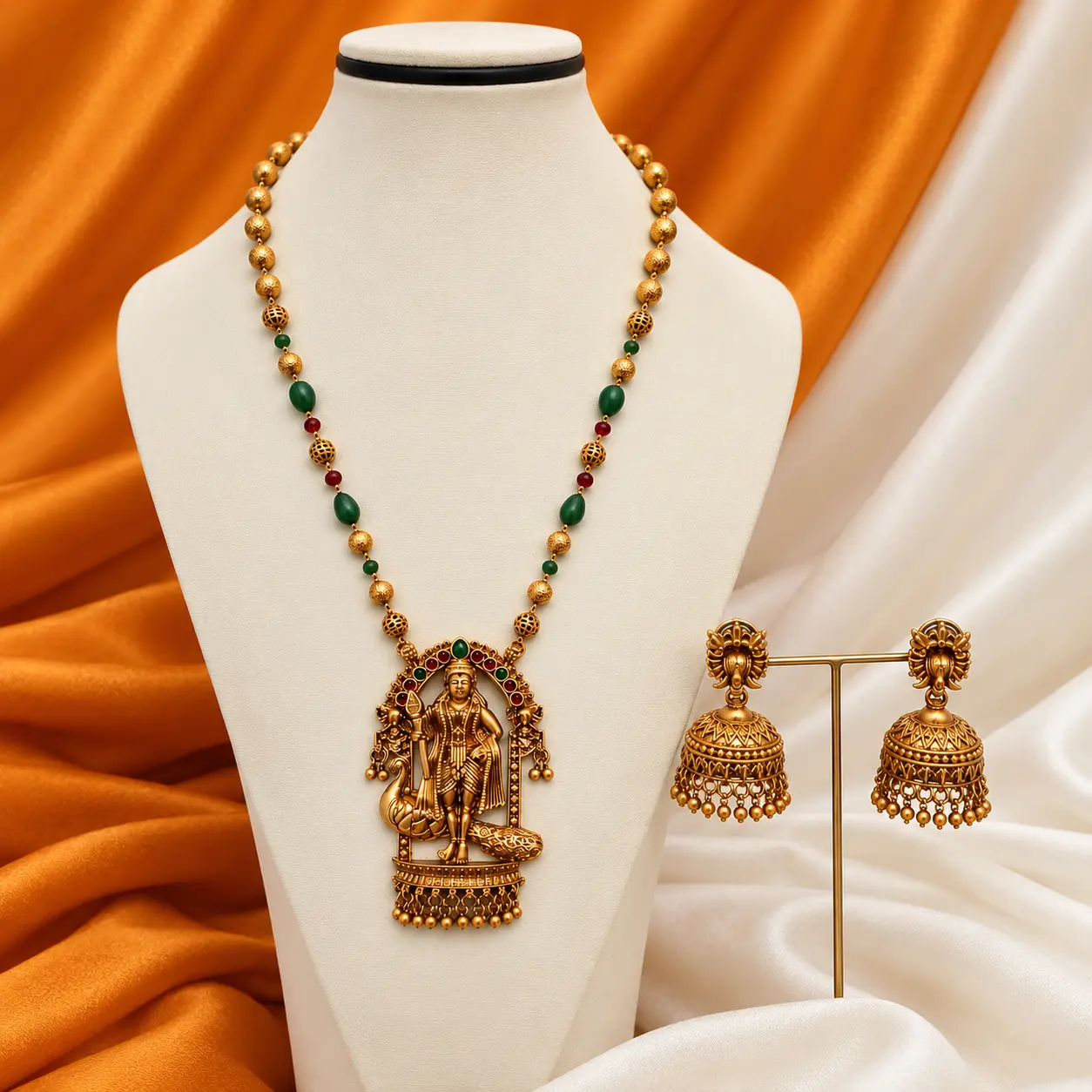 studio_product_photo_a_close_up_well_lit_still_l.png Antique Gold Temple Pendant Long Necklace & Jhumka Set