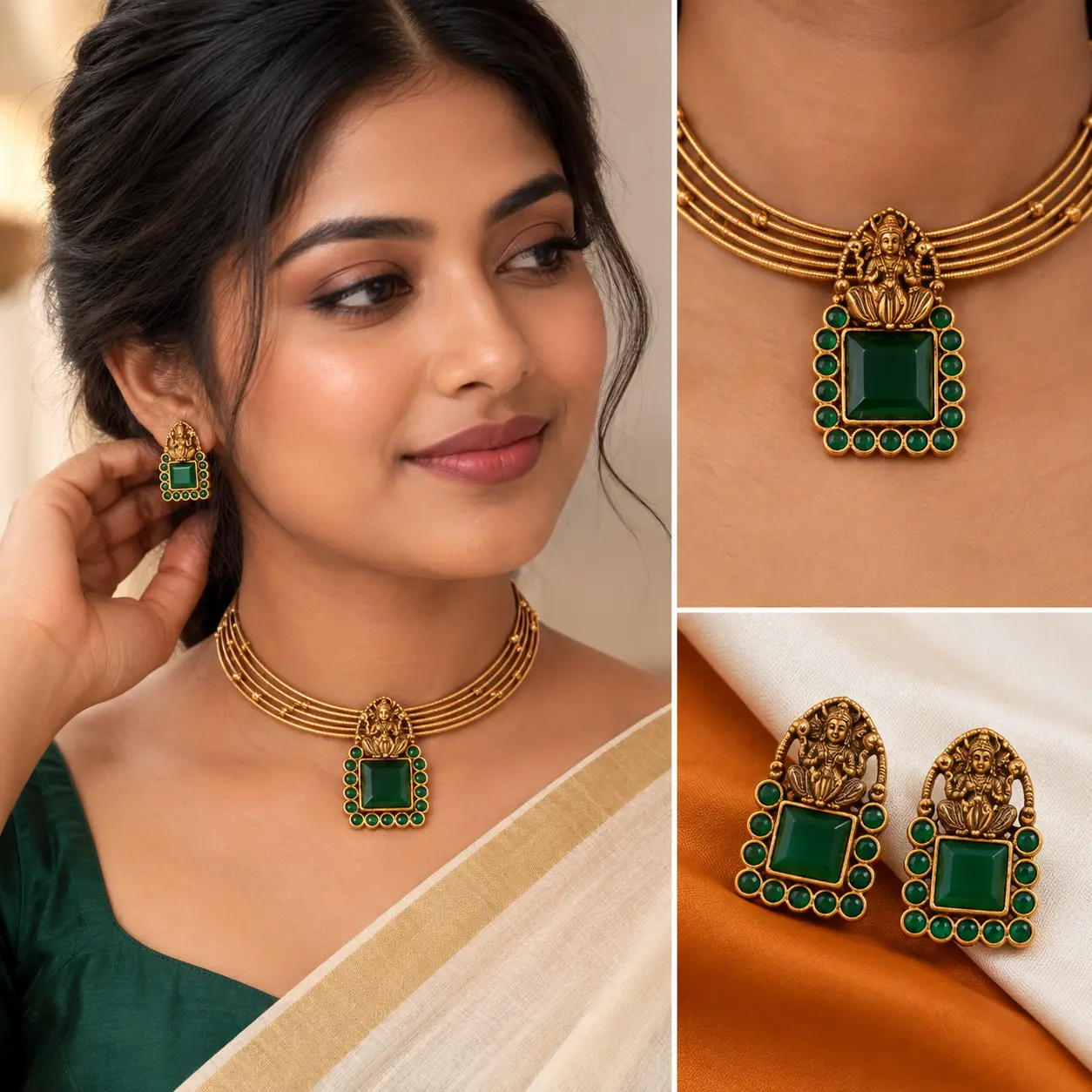 a_polished_jewelry_product_collage_portrait_compos.png Premium Antique Gold Green Stone Goddess Necklace Set – image 2