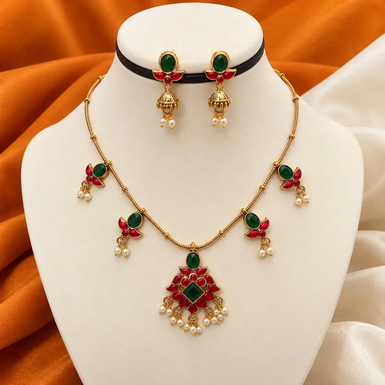 Kemp Stone Floral Pendant Necklace Set with Jhumka Earrings