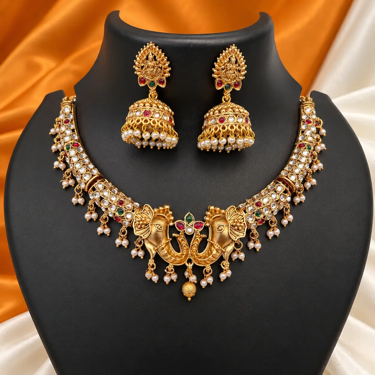 Antique Gold Elephant Motif Necklace Set with Jhumka Earrings
