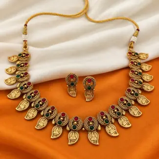 Antique Gold Tone Temple Mango Necklace Set with Earrings