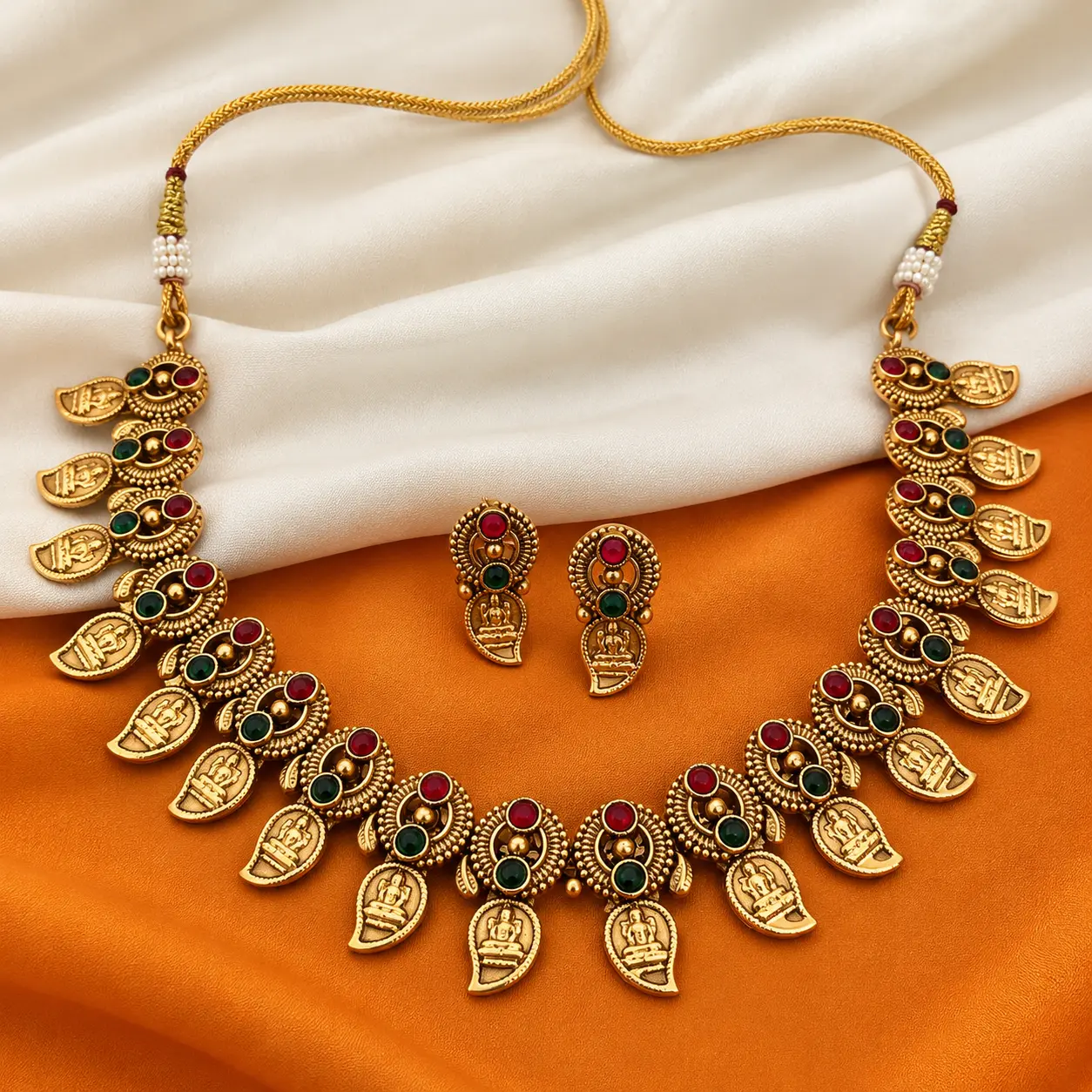 a_close_up_product_style_still_life_photograph_a.png Antique Gold Tone Temple Mango Necklace Set with Earrings