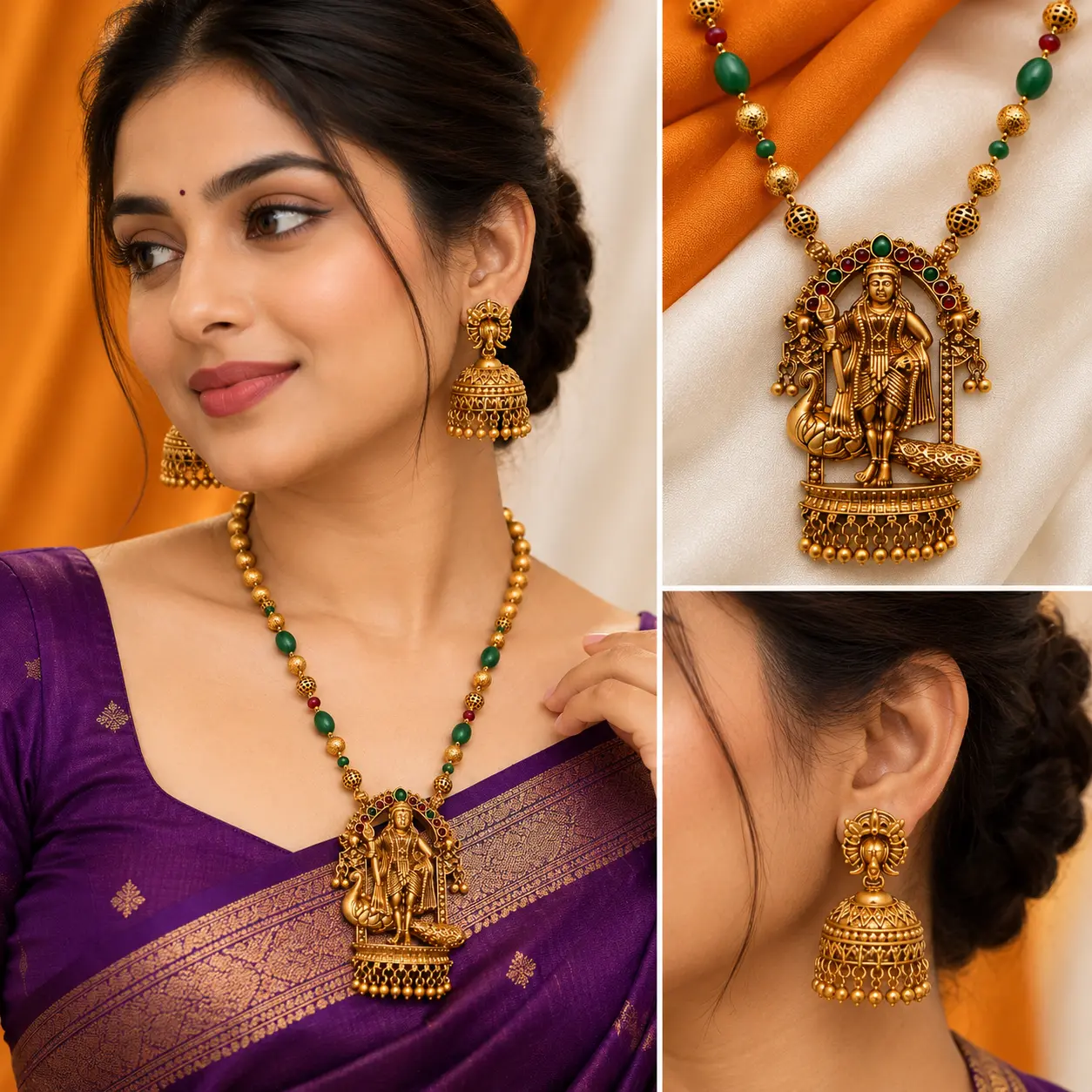 a_polished_high_end_jewelry_collage_advertisement.png Antique Gold Temple Pendant Long Necklace & Jhumka Set – image 2