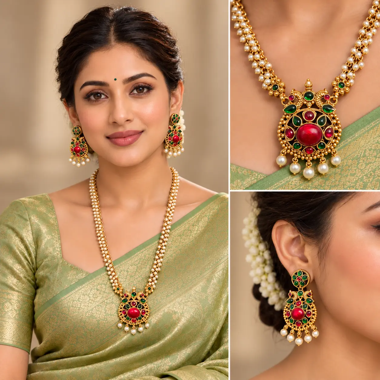 Antique Gold Tone Red & Green Pearl Long Necklace Set – image 2
