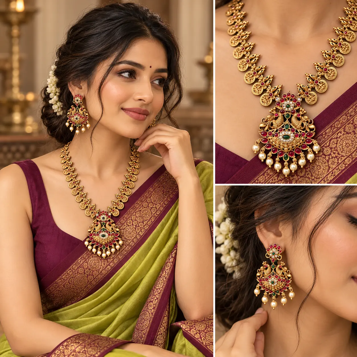 antique_gold_temple_jewellery_editorial.png Premium Antique Gold Peacock Necklace Set with Earrings – image 2