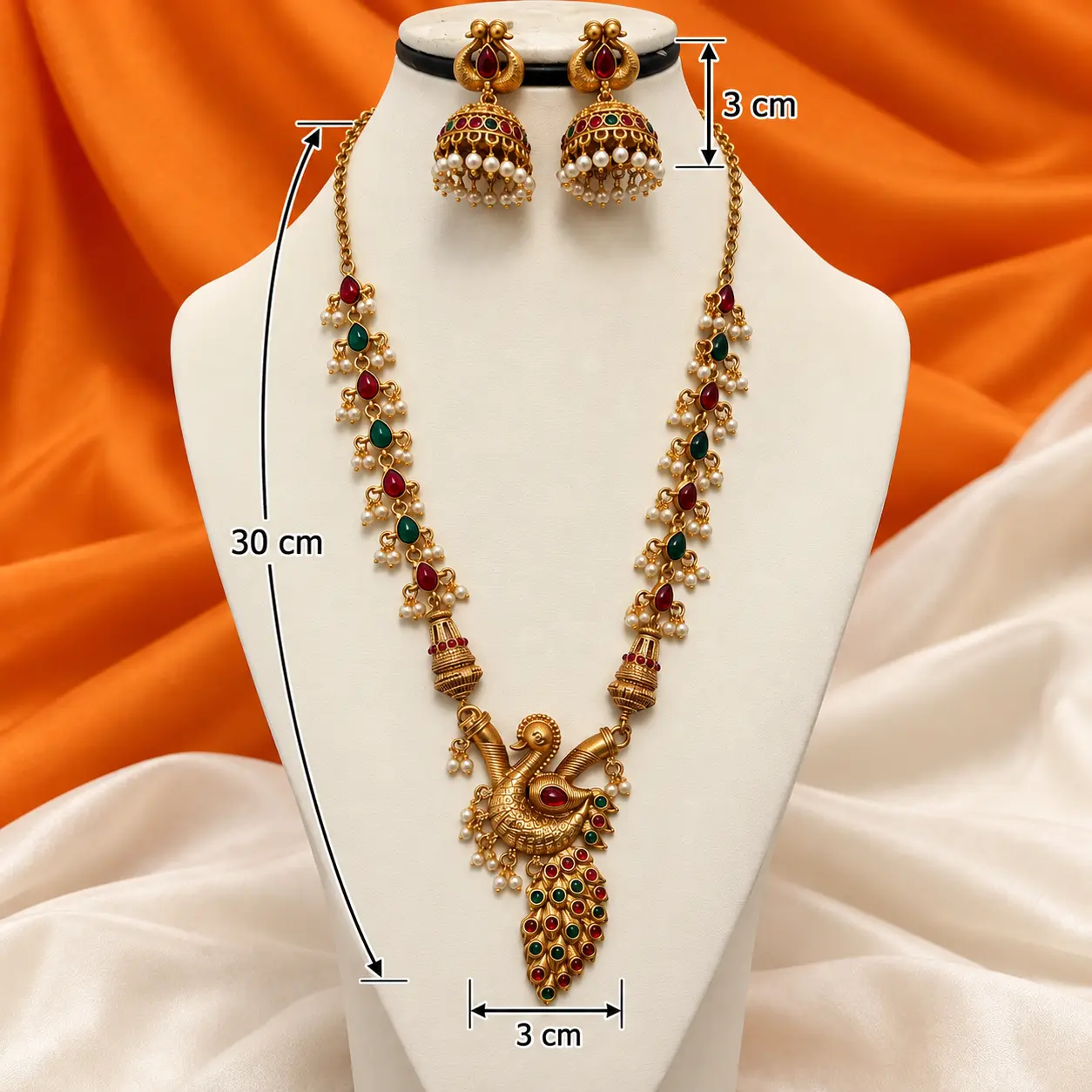 Peacock Haram with Red & Green Stone Studded Feather Pendant and Pearl Jhumkas – image 3
