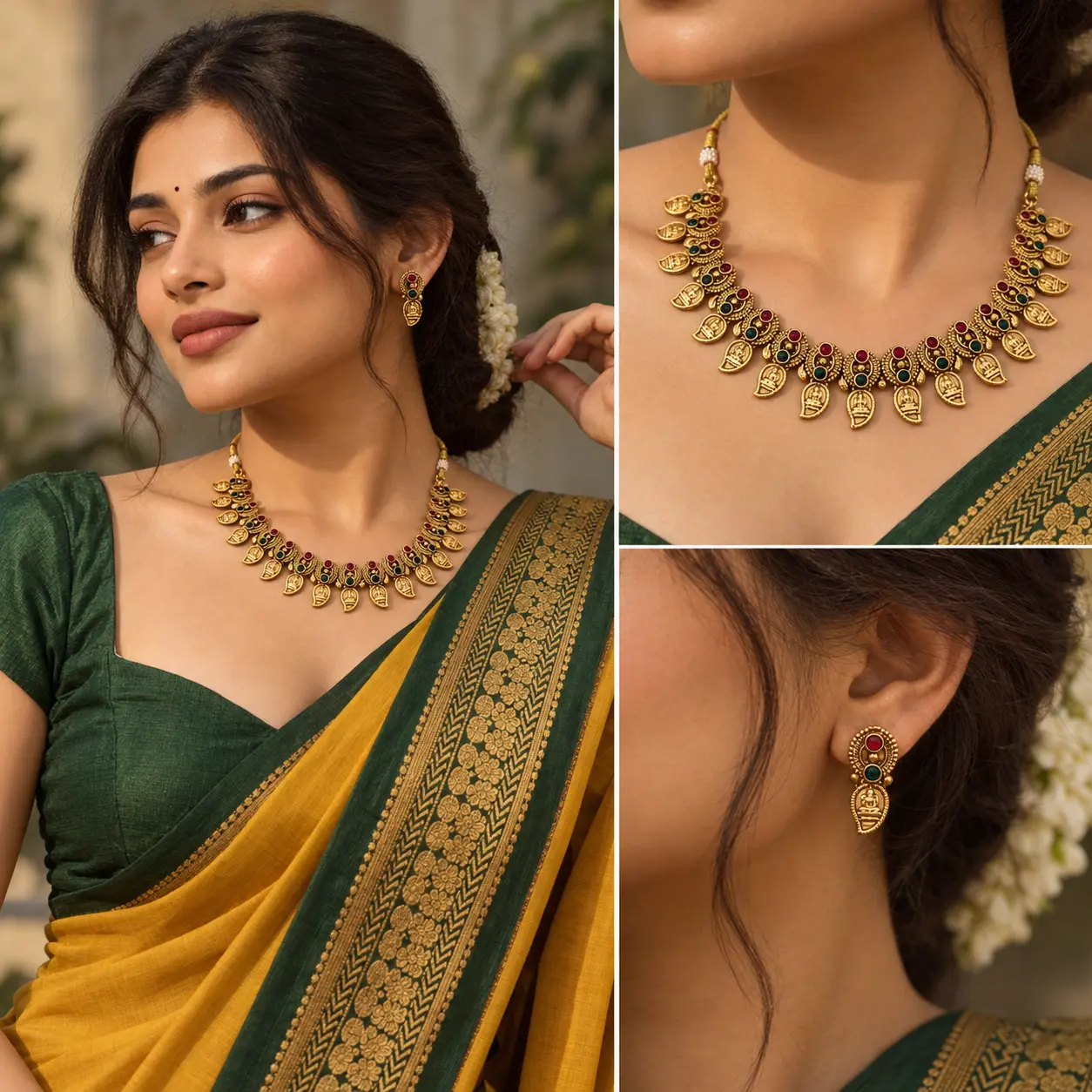 temple_jewelry_editorial_portrait.png Antique Gold Tone Temple Mango Necklace Set with Earrings – image 2