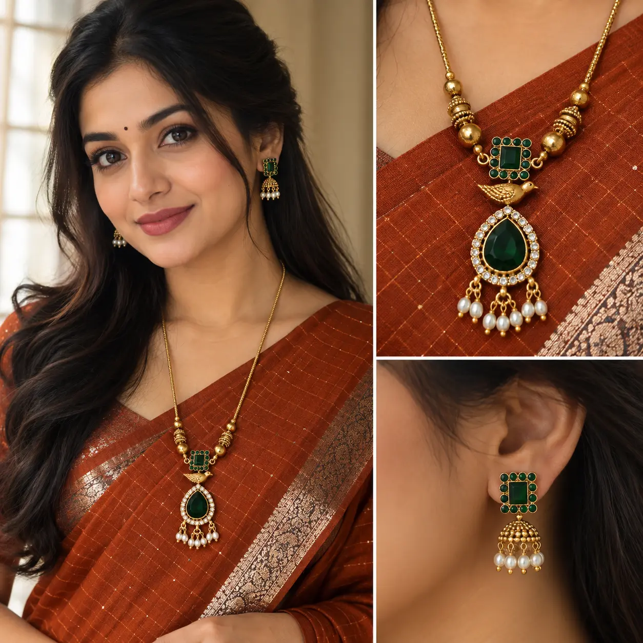 Green Stone Gold-Tone Long Pendant Necklace & Jhumka Set – image 2