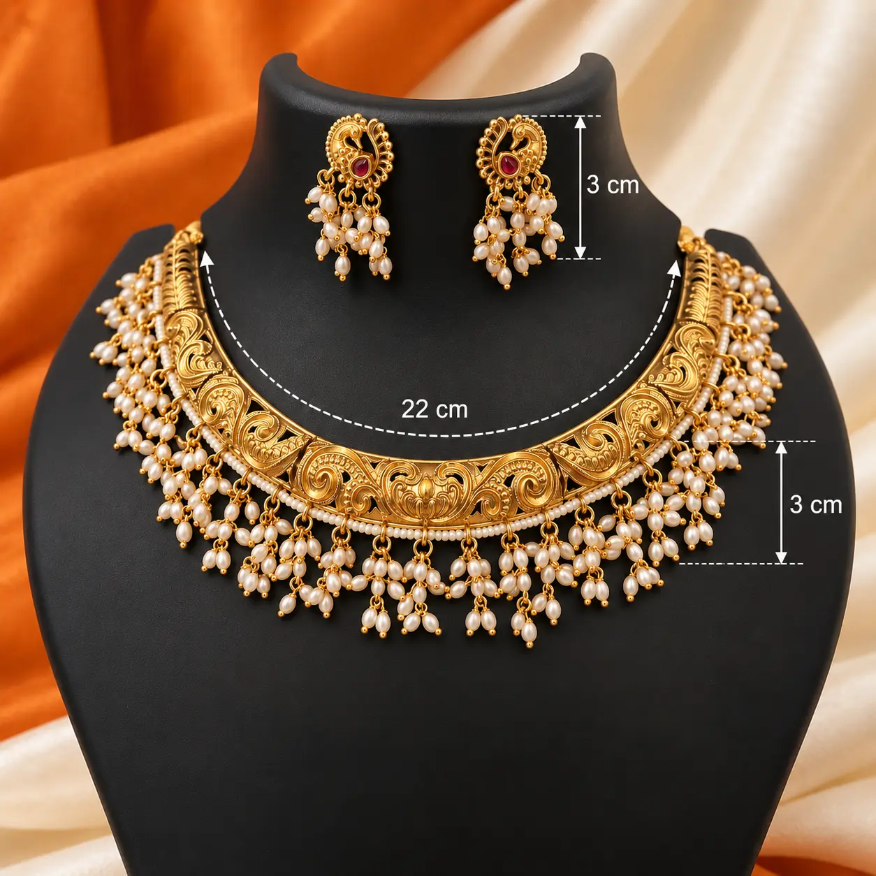 a_clean_commercial_product_photo_with_measurement.png Premium Antique Gold Peacock Choker Set with White Beads – image 3