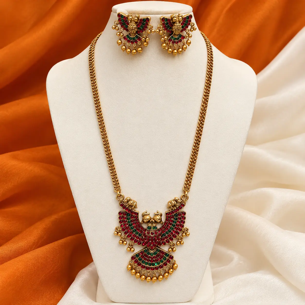 Traditional Kemp Stone Peacock Haram Set with Earrings