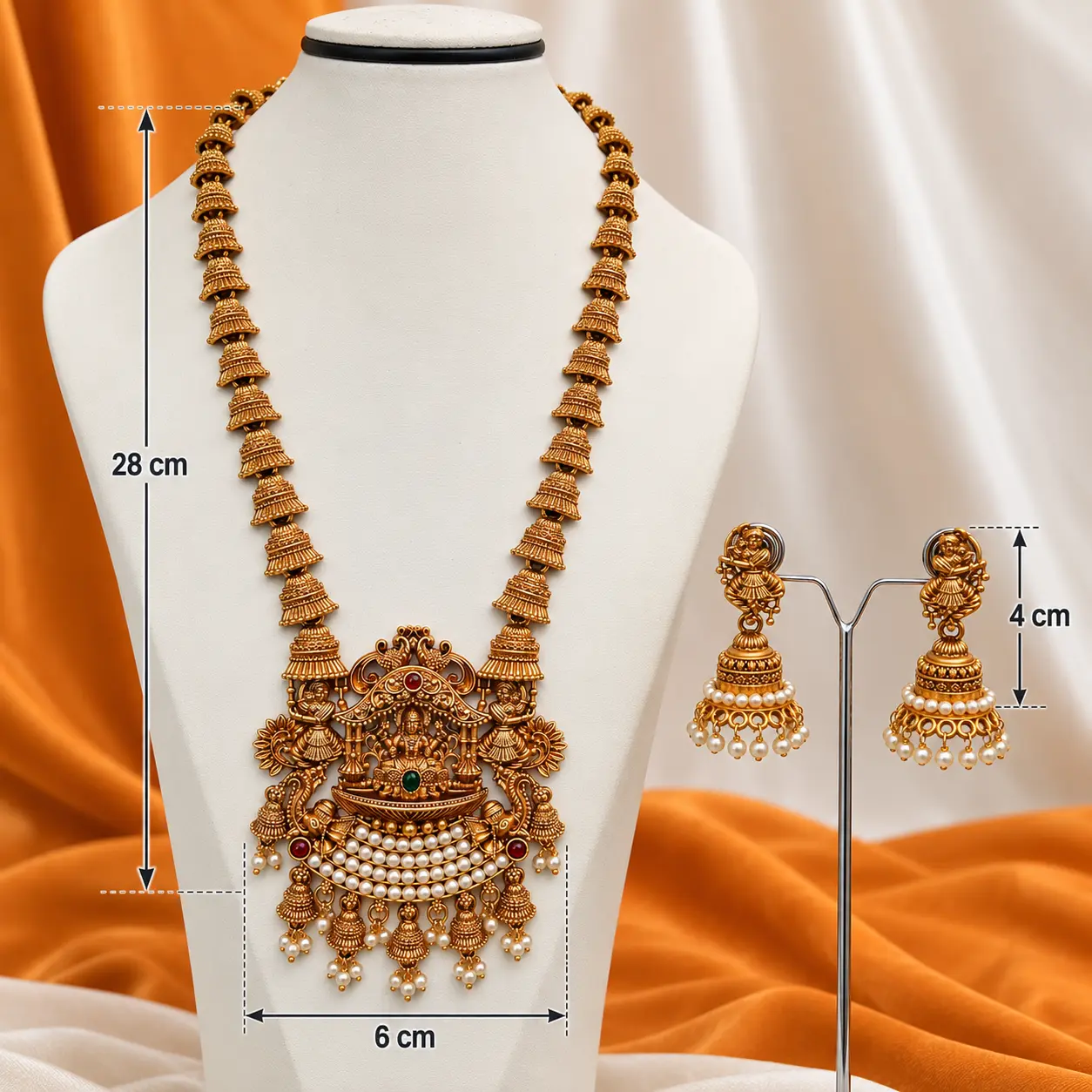 studio_product_photography_image_of_a_jewelry_meas.png Antique Gold Temple Long Necklace Set with Jhumka Earrings – image 3