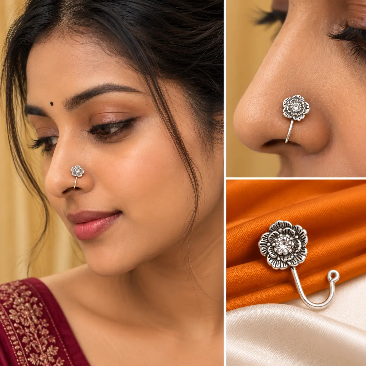 a_clean_well_lit_high_resolution_collage_adverti.png Floral Silver-Tone Nose Pin with Clear Stone Detail – image 2