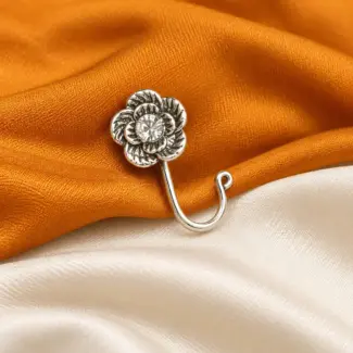 Floral Silver-Tone Nose Pin with Clear Stone Detail