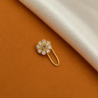 Gold Tone White Stone Floral Cluster Hook Nose Pin