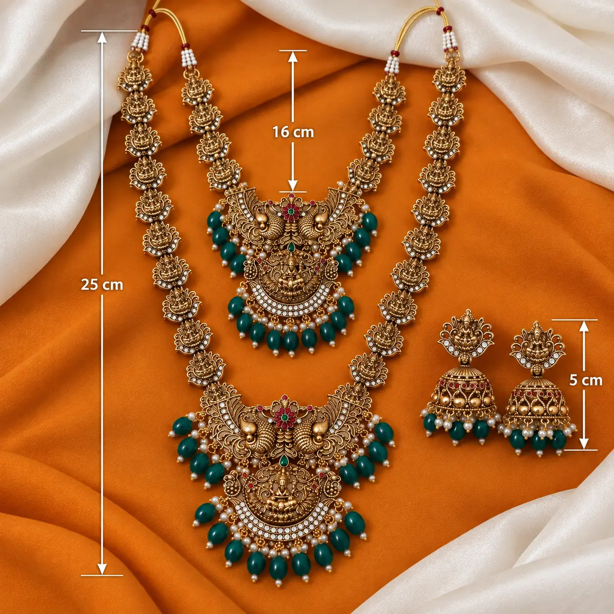 Premium Matte Temple Short Necklace, Haram & Jhumka Set – image 3