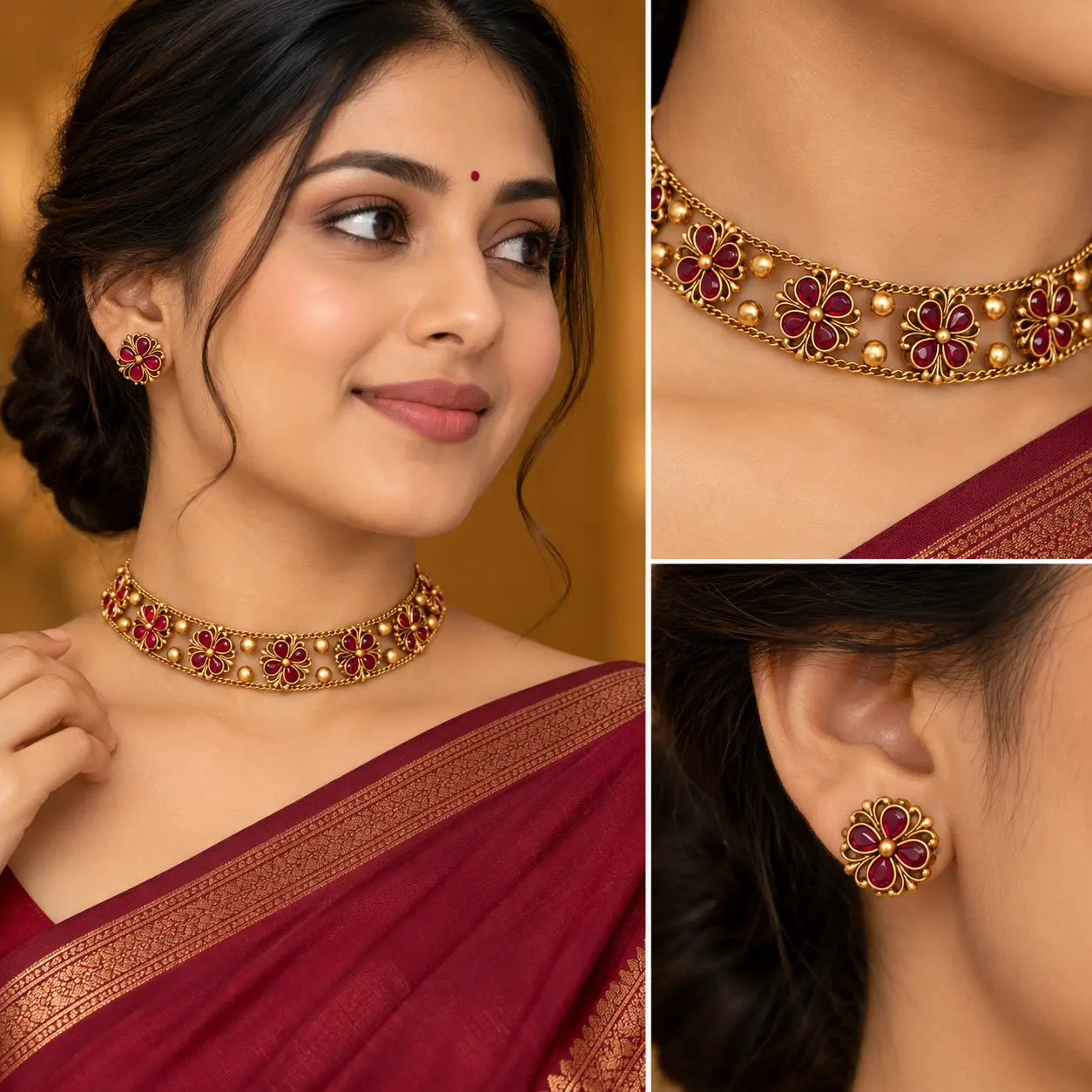 a_high_resolution_studio_style_fashion_jewelry_co.png Antique Gold Tone Red Floral Choker Set with Stud Earrings – image 2