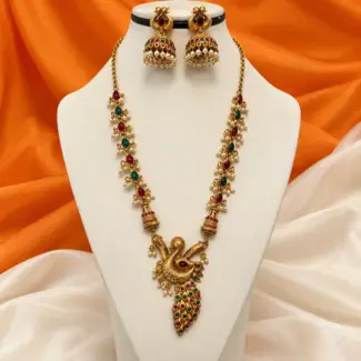 Peacock Haram with Red & Green Stone Studded Feather Pendant and Pearl Jhumkas