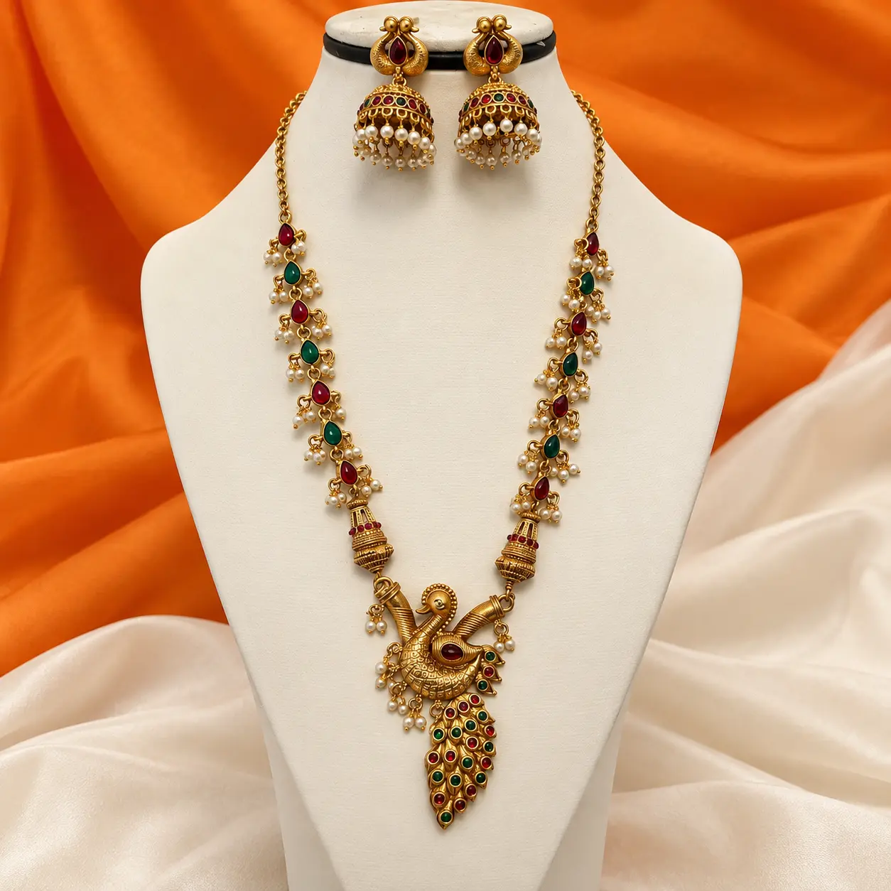 Peacock Haram with Red & Green Stone Studded Feather Pendant and Pearl Jhumkas