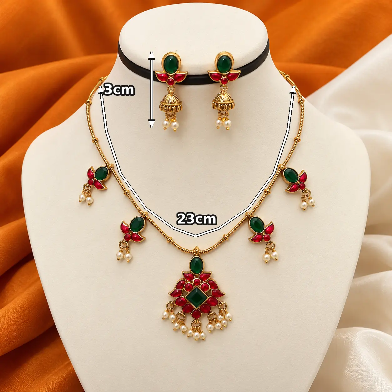 Kemp Stone Floral Pendant Necklace Set with Jhumka Earrings – image 3