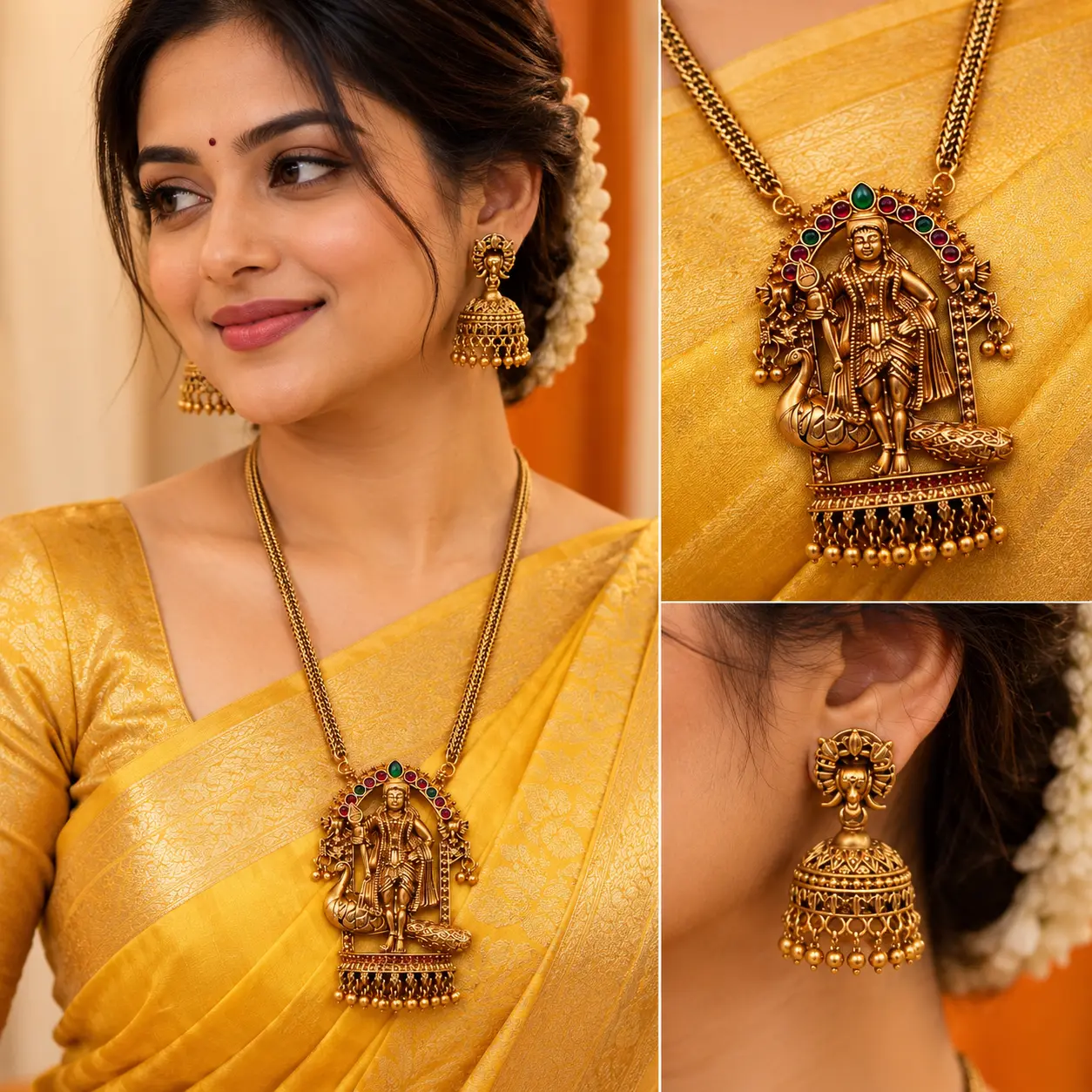 a_polished_collage_style_jewelry_photoshoot_overa.png Antique Gold Temple Deity Long Necklace & Jhumka Set – image 2