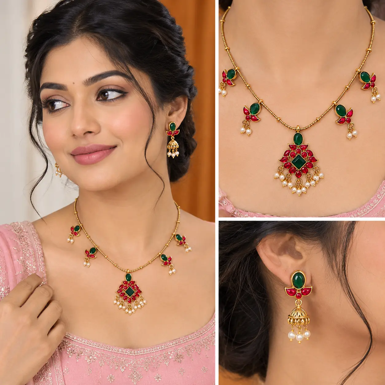Kemp Stone Floral Pendant Necklace Set with Jhumka Earrings – image 2