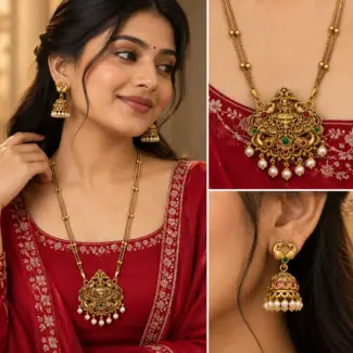 Antique Gold-Tone Temple Long Necklace & Jhumka Set – image 2