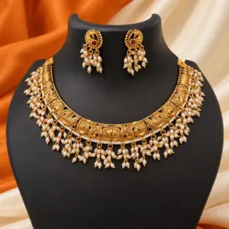 Premium Antique Gold Peacock Choker Set with White Beads