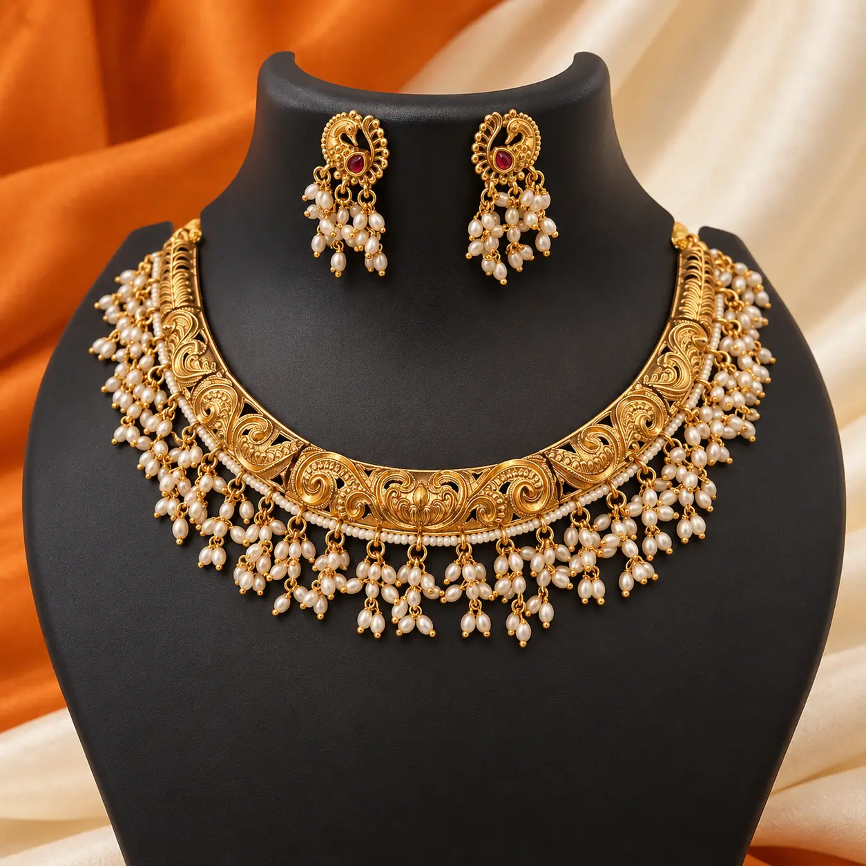 a_high_quality_studio_product_photograph_a_close.png Premium Antique Gold Peacock Choker Set with White Beads