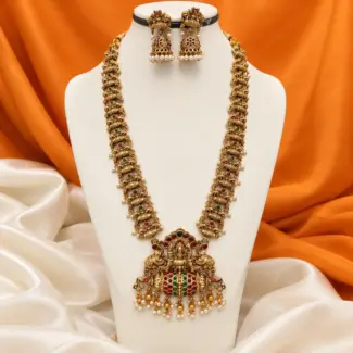 Antique Gold Tone Kemp Stone Temple Haram Necklace Set