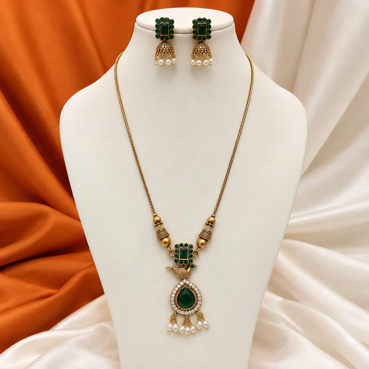 Green Stone Gold-Tone Long Pendant Necklace & Jhumka Set